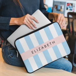 Blauwe strepen, streeppatroon, lijnen, Jouw naam Laptop Sleeve