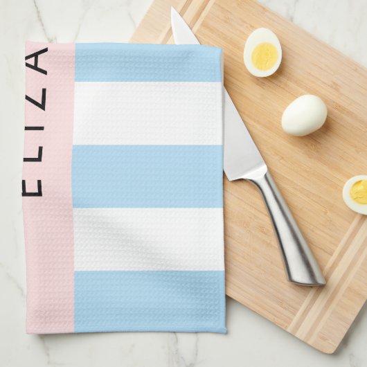 Blauwe strepen, streeppatroon, lijnen, Jouw naam Theedoek (Quarter Fold)