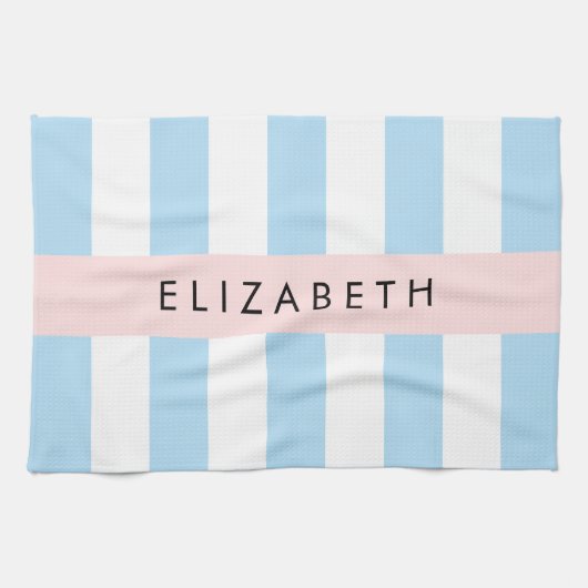 Blauwe strepen, streeppatroon, lijnen, Jouw naam Theedoek (Horizontaal)
