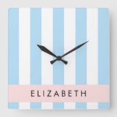 Blauwe strepen, streeppatroon, lijnen, Jouw naam Vierkante Klok (Voorkant)