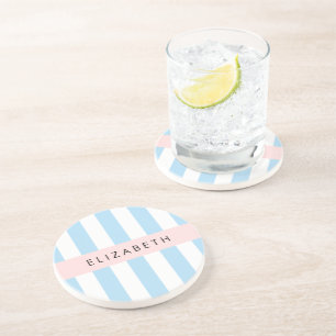 Blauwe strepen, streeppatroon, lijnen, Jouw naam Zandsteen Onderzetter