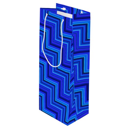 Blauwe strepen trappenpatroon wijn cadeautas (Voorkant Gekanteld)
