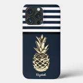 Blauwe strepen van gouden metalen ananasappelen Case-Mate iPhone case (Achterkant)