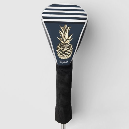 Blauwe strepen van gouden metalen ananasappelen golfheadcover (Voorkant)