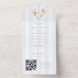 Blauwe Strepen Wapen Boog Monogram Lente Bruiloft All In One Uitnodiging