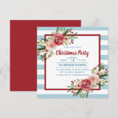 Blauwe strepen Waterverf Floral kerstfeest Kaart (Voorkant / Achterkant)