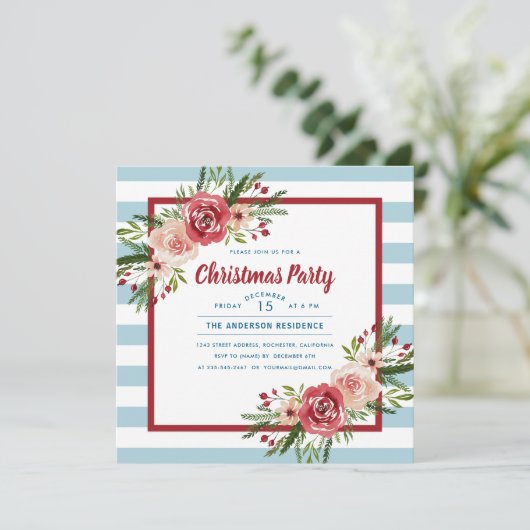 Blauwe strepen Waterverf Floral kerstfeest Kaart (Staand voorkant)