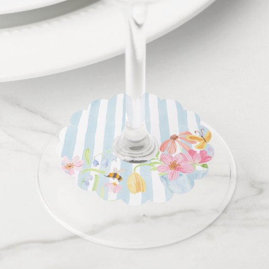 Blauwe strepen whimwhams waterverf bloemig wijnglaslabel (Dichtbij)