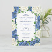 Blauwe Strepen Witte Hydrangeas Bruiloft Uitnodigi Kaart (Staand voorkant)