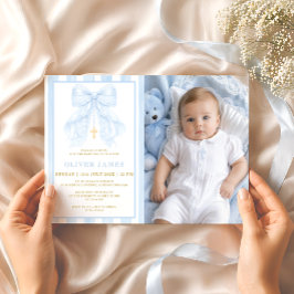 Blauwe strik baby jongen doop foto uitnodiging