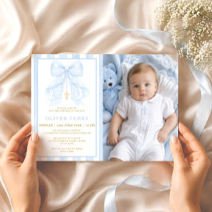Blauwe strik baby jongen doop foto uitnodiging