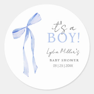 Blauwe Strik Baby Shower Uitnodiging, Jongen Baby  Ronde Sticker