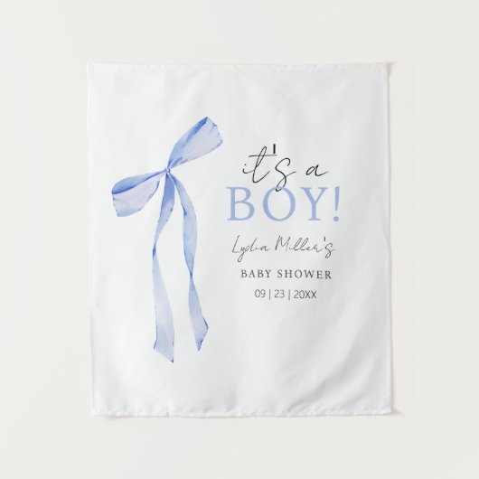 Blauwe Strik Baby Shower Uitnodiging, Jongen Baby  Wandkleed (Voorkant)