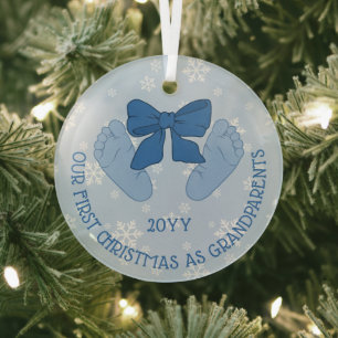 Blauwe Strik Baby Voeten Grootouders Eerste Kerstm Glas Ornament