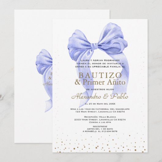 Blauwe strik baby'tje eerste verjaardag doop jonge kaart (Voorkant / Achterkant)