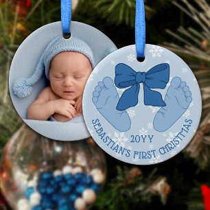 Blauwe Strik Babyvoetjes Foto Eerste Kerst van Mij Keramisch Ornament