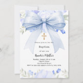 Blauwe strik bloemen jongen Doop Kaart (Voorkant)