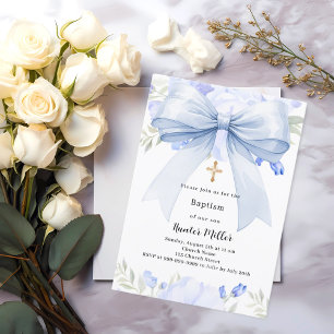 Blauwe strik bloemen jongen Doop Kaart
