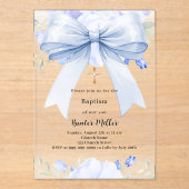 Blauwe strik bloemen jongen duidelijk Doop Acryl Uitnodigingen (Voorkant)