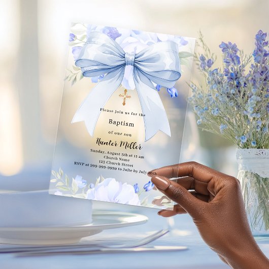 Blauwe strik bloemen jongen duidelijk Doop Acryl Uitnodigingen