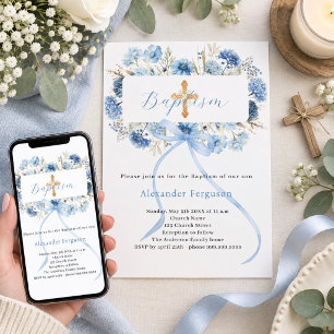 Blauwe strik bloemen jongen kruis doop kaart