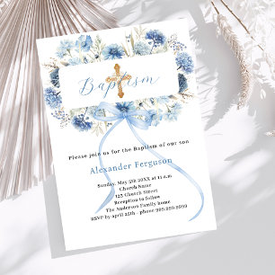 Blauwe strik bloemen jongen kruis doop kaart
