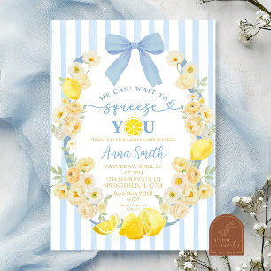 Blauwe Strik Bloemige Citroen Baby Shower Uitnodig Kaart