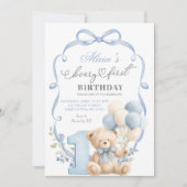 Blauwe Strik Coquette Beary Eerste Verjaardag Kaart (Voorkant)