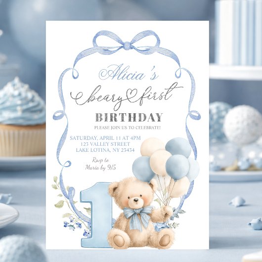 Blauwe Strik Coquette Beary Eerste Verjaardag Kaart