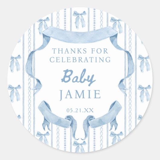 Blauwe Strik Coquette Blauwe Jongen Baby Shower Be Ronde Sticker (Voorkant)
