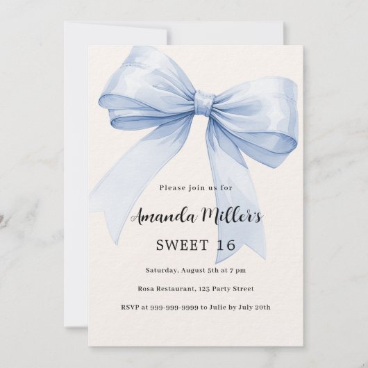 Blauwe strik crème beige elegant Sweet 16 luxe Kaart (Voorkant)