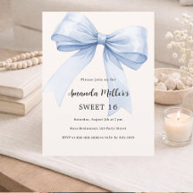 Blauwe strik crème beige elegante Sweet 16 uitnodi