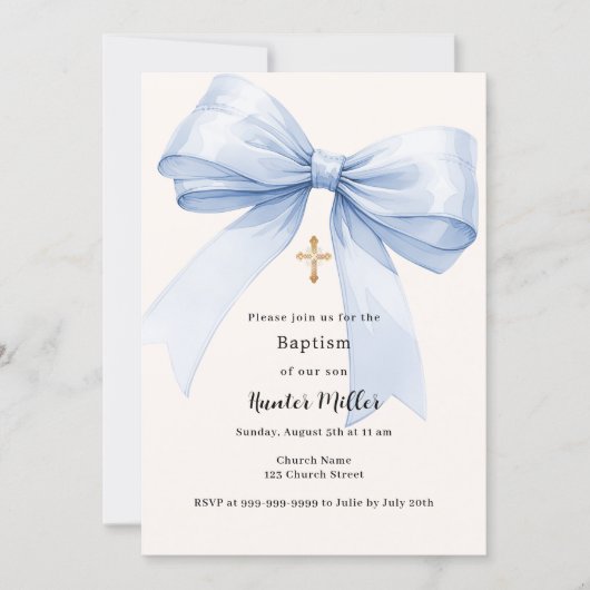 Blauwe strik crème jongen Doop Kaart (Voorkant)