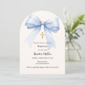 Blauwe strik crème jongen doopboog kaart (Staand voorkant)