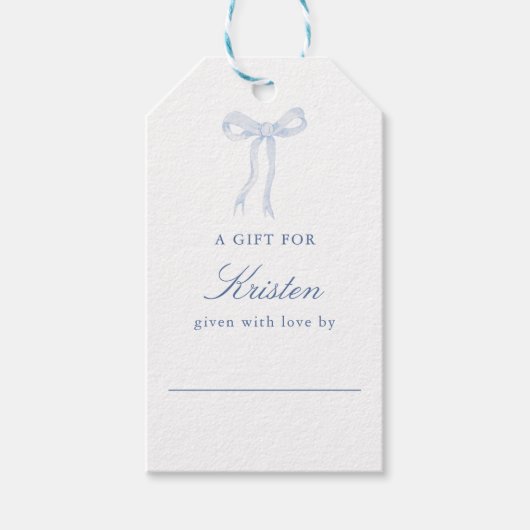 Blauwe strik die de knoop vertoning douche binden cadeaulabel (Voorkant)