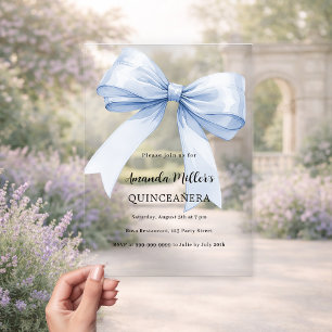 Blauwe strik elegante Quinceanera luxe doorzichtig Acryl Uitnodigingen