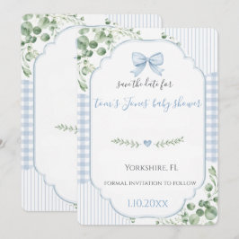 Blauwe Strik Gingham Baby Shower Save the Date