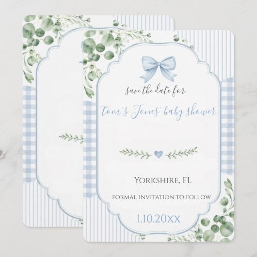 Blauwe Strik Gingham Baby Shower Save the Date (Voorkant / Achterkant)
