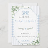 Blauwe Strik Gingham Baby Shower Save the Date (Voorkant)