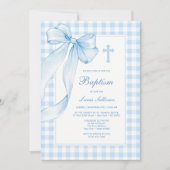 Blauwe Strik Gingham Doop Uitnodiging (Voorkant)