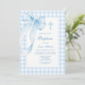 Blauwe Strik Gingham Doop Uitnodiging (Staand voorkant)