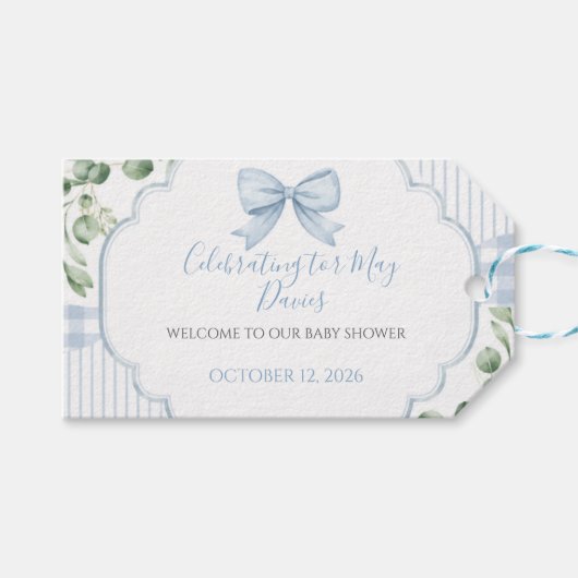 Blauwe Strik Gingham Groene Baby Shower Cadeaulabel (Voorkant (Horizontaal))