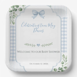 Blauwe Strik Gingham Groene Baby Shower Papieren Bordje