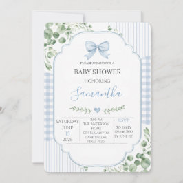Blauwe Strik Gingham Groene Jongens Baby Shower Kaart