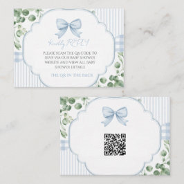 Blauwe Strik Gingham Groene Tuintjes QR Code RSVP Notitiekaartje