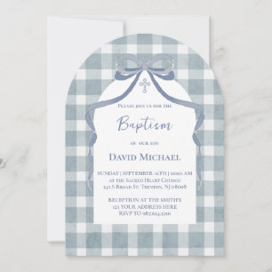 blauwe strik gingham motief Doop Kaart