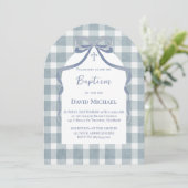 blauwe strik gingham motief Doop Kaart (Staand voorkant)