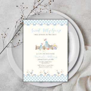 Blauwe Strik Gingham Preppy Dwaze Gans Baby Shower Kaart