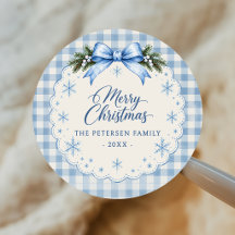 Blauwe Strik Gingham Teddybeer Kerststicker