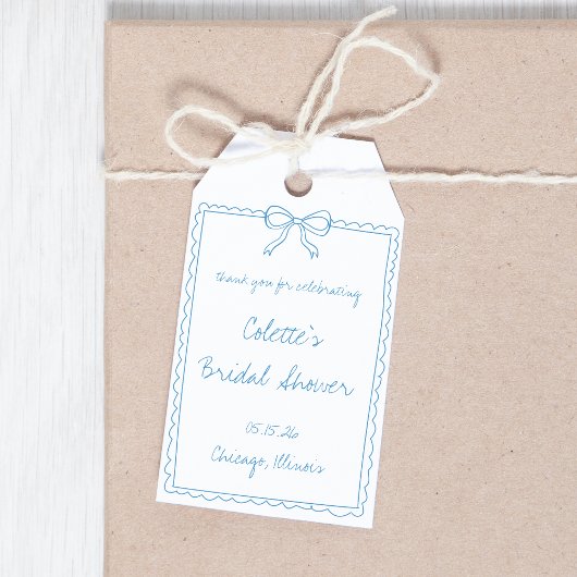 Blauwe Strik Handgetekende Bruidsdouche Bedankt Cadeaulabel